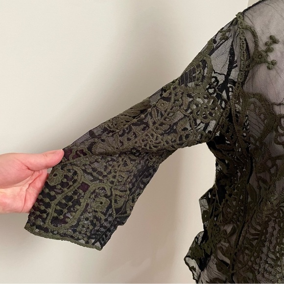Sioni Milano Green Embroidered Sheer Mesh Long Sleeve Top Whimsigoth Fairy Large - Picture 2 of 4